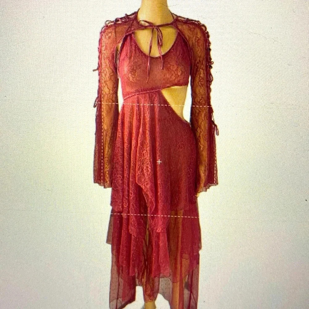 Whimsigoth VampireBurgundyLace Fairy dust Chronicles Maxi Dress&Shrug S Festive